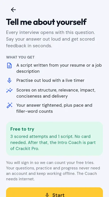 The Tell me about yourself coach explaining what you get and that the first tries are free