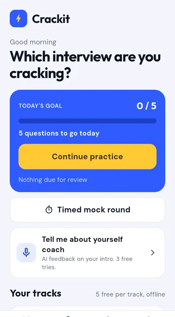 Crackit home screen with a daily goal of 5 questions, a timed mock round button and the Tell me about yourself coach
