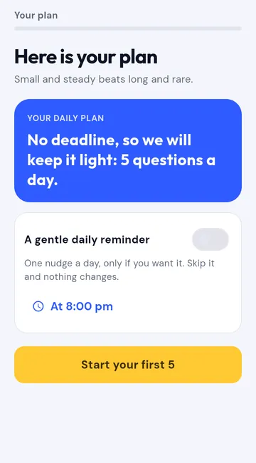 The personal daily plan screen with a gentle optional reminder