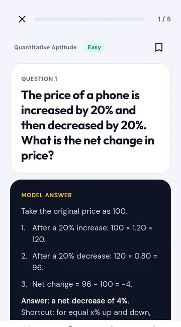 A practice card with an aptitude question and its worked model answer