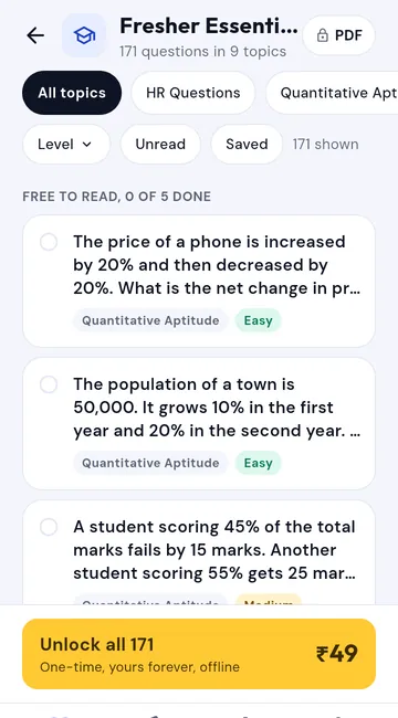 A track list showing 5 free questions with a tagged topic and level, and an unlock button at the bottom
